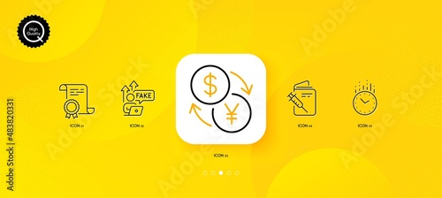 Time, Currency exchange and Vaccination passport minimal line icons. Yellow abstract background. Fake internet, Certificate icons. For web, application, printing. Vector