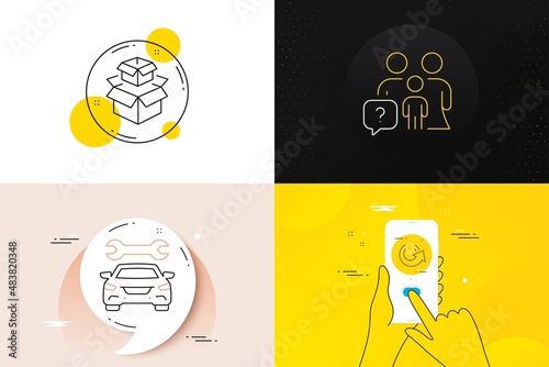 Minimal set of Car, Share idea and Family questions line icons. Phone screen, Quote banners. Packing boxes icons. For web development. Car service, Solution, Family help. Delivery box. Vector