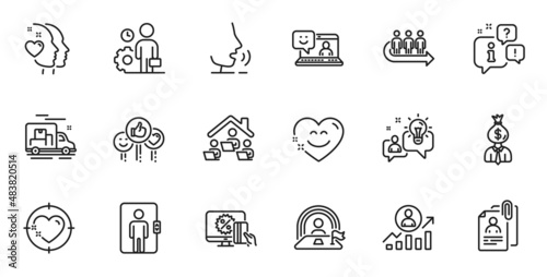 Outline set of Like, Idea and Smile line icons for web application. Talk, information, delivery truck outline icon. Include Queue, Work home, Employee icons. Vector