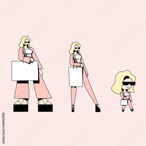 Illustration of blond woman character in hyperbolized proportions in brutal style, sophisticated style and chibi style
