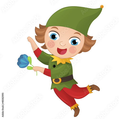 cartoon scene with happy elf prince on white background illustration