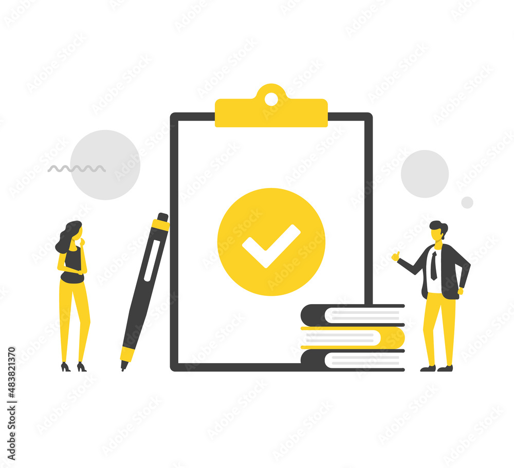 Clipboard with check mark and people. Flat vector illustration. Agreement, task complete, checklist, success, business solution. Document and tick. Modern concepts. Flat design Clipboard with check mark and people. Flat vector illustration. Agreement, task complete, checklist, success, business solution. Document and tick. Modern concepts. Flat design