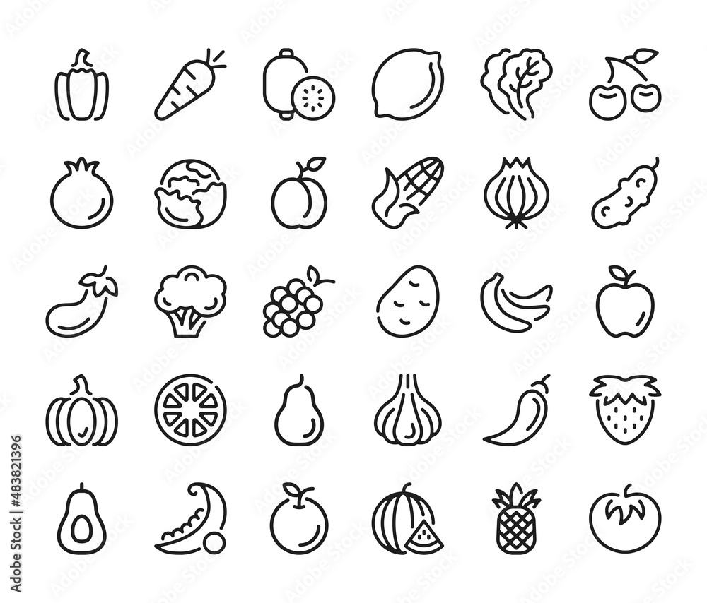 Fruits and vegetables icons set. Vector line icons, modern linear design graphic elements, outline symbols - obrazy, fototapety, plakaty 