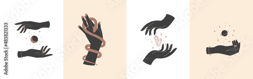 Magic hands with celestial mystical symbols. Spiritual elements with crescent moon and snake and healing crystal and planet. Esoteric mystical silhouettes for magic witchcraft. Vector illustration