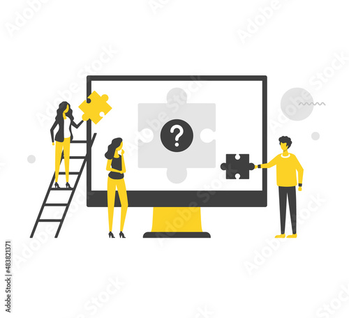Puzzle. Flat vector illustration. Modern business concept. People with puzzles and computer with question mark. Solution, teamwork, jigsaw, work together. Flat design