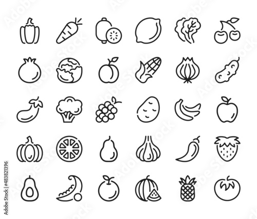 Fototapeta Naklejka Na Ścianę i Meble -  Fruits and vegetables icons set. Vector line icons, modern linear design graphic elements, outline symbols