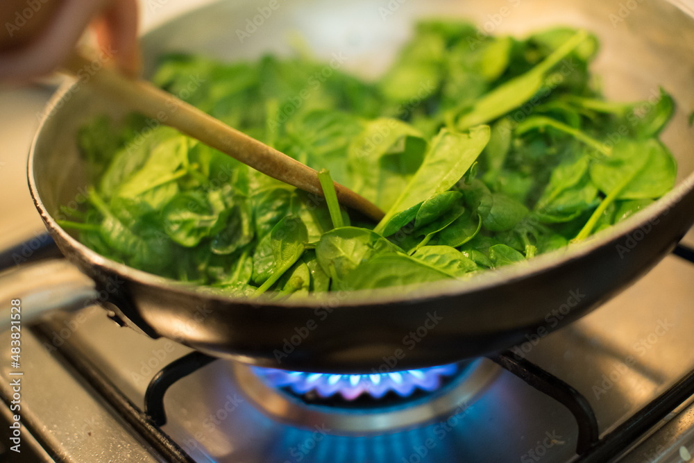 Spinach in a pot with lit fire