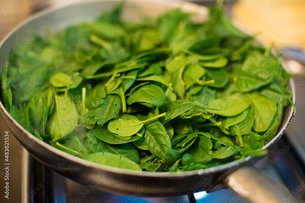 Spinach in a pot with lit fire
