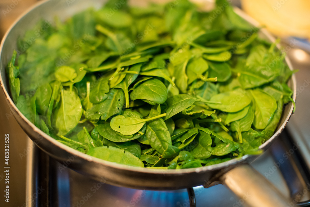 Spinach in a pot with lit fire