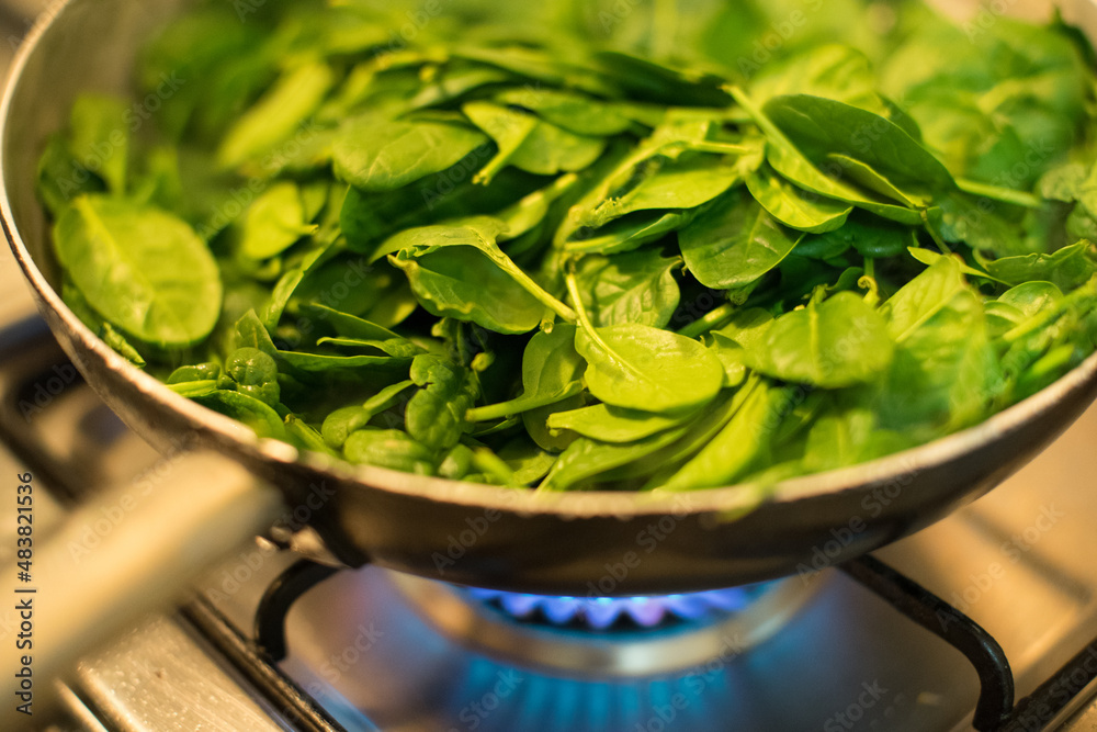 Spinach in a pot with lit fire