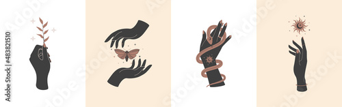 Magic hands with celestial mystical symbols. Spiritual boho elements with sun and snake and butterfly moth and plant. Esoteric mystical silhouettes for magic witchcraft. Vector illustration