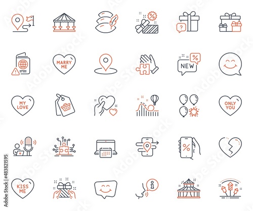 Holidays icons set. Included icon as Fireworks rocket, Gps and Broken heart web elements. Carousels, Surprise boxes, Discounts app icons. Smile face, Circus, Marry me web signs. Pillow. Vector