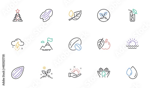 Apple, Mountain flag and Thunderstorm weather line icons for website, printing. Collection of Pecan nut, Sunset, Almond nut icons. Water glass, Safe water, Grow plant web elements. Vector