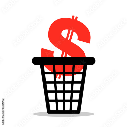 Cash is trash - US dollar and fiat currency in the dustbin and waste container. Metaphor of inflation, hyperinflation and devalue of American money. Vector illustration isolated on white.