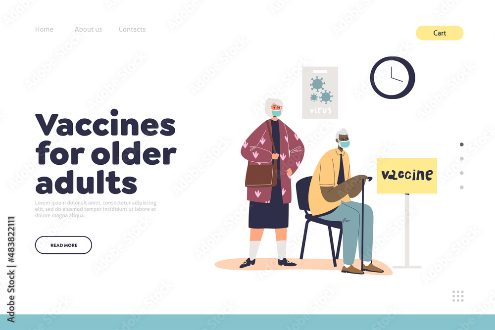 Vaccines for older adults concept of landing page with senior man and woman wait for vaccination