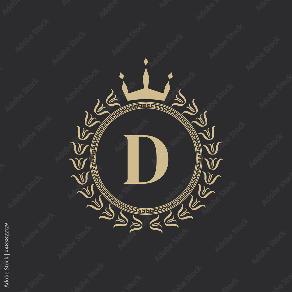 Naklejka premium Initial Letter D Heraldic Royal Frame with Crown and Laurel Wreath. Simple Classic Emblem. Round Composition. Graphics Style. Art Elements for Logo Design Vector Illustration