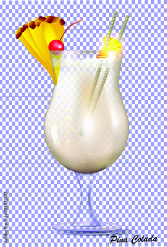 Pina colada cocktail with cherry and pineapple on a transparent background