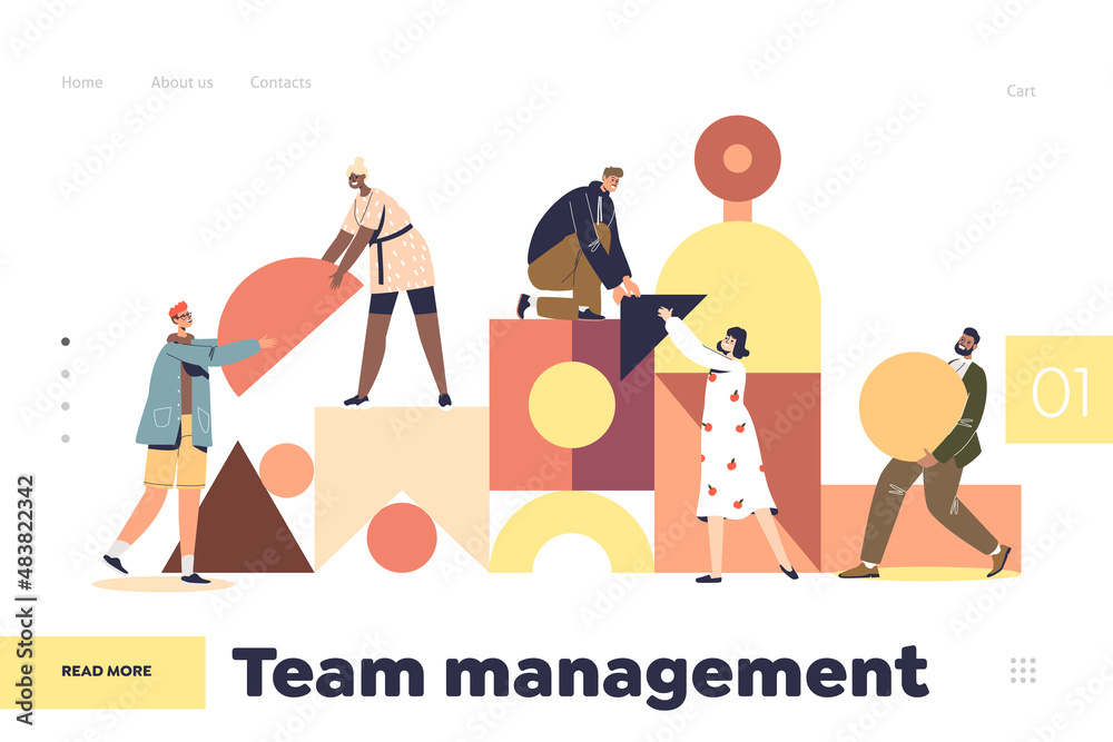 Team management concept of landing page with group of colleagues joining geometric shapes Team management concept of landing page with group of colleagues joining geometric shapes