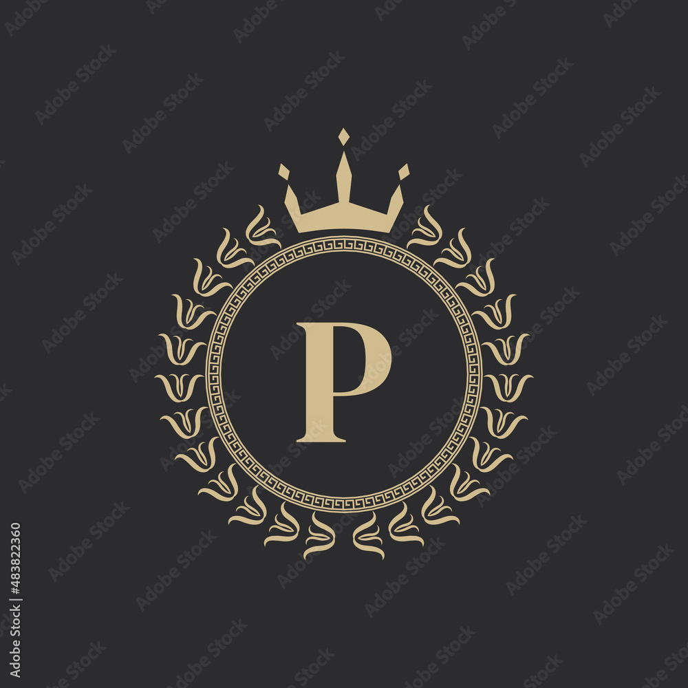 Naklejka premium Initial Letter P Heraldic Royal Frame with Crown and Laurel Wreath. Simple Classic Emblem. Round Composition. Graphics Style. Art Elements for Logo Design Vector Illustration