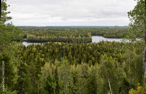 Russia. Solovki. Sekirnaya Mountain on the Big Solovetsky Island. Panorama of Long Lake. Visible Smolensk Church in Savvatievsky Skete photo