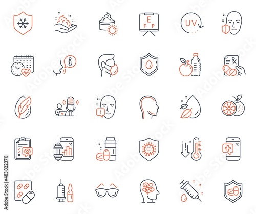 Healthcare icons set. Included icon as Medical vaccination, Hypoallergenic tested and Uv protection web elements. Cardio calendar, Sun cream, Face attention icons. Orange. Vector