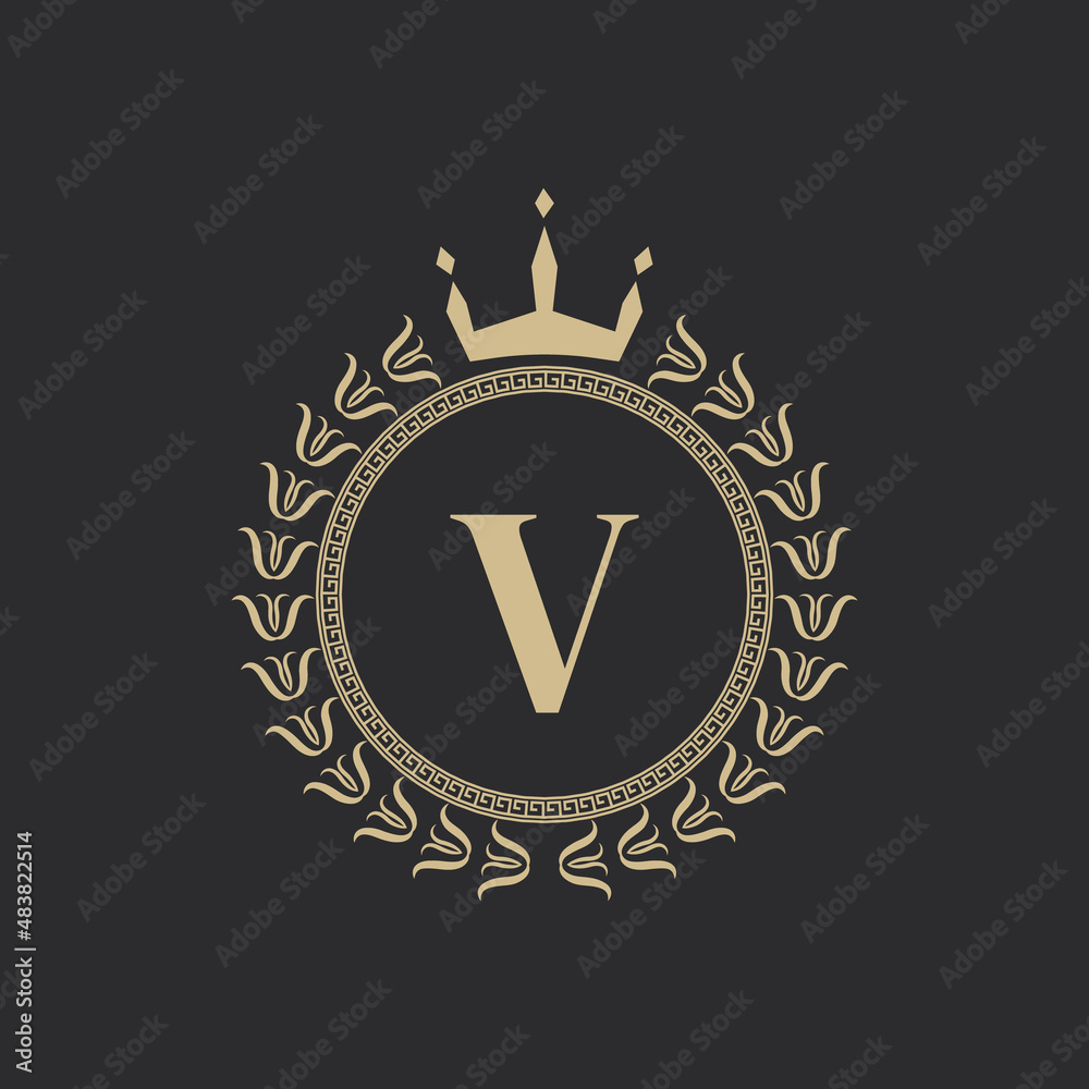 Initial Letter V Heraldic Royal Frame with Crown and Laurel Wreath. Simple Classic Emblem. Round Composition. Graphics Style. Art Elements for Logo Design Vector Illustration