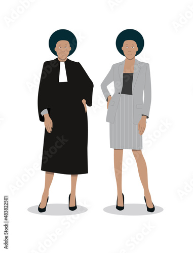 illustration représentant une magistrate, avocat, juge ou femme de loi, en robe et en civil. Elle travaille au ministère de la justice photo