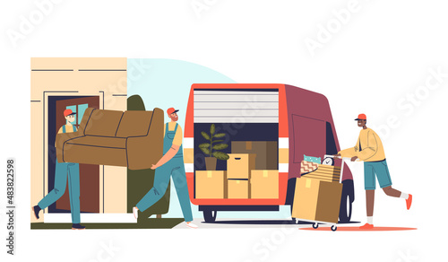 Relocation service worker loaders loading furniture and boxes to truck. Moving to new apartment
