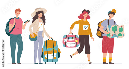 Travelers man woman people characters waiting in line cocnept. Vector flat graphic design illustration