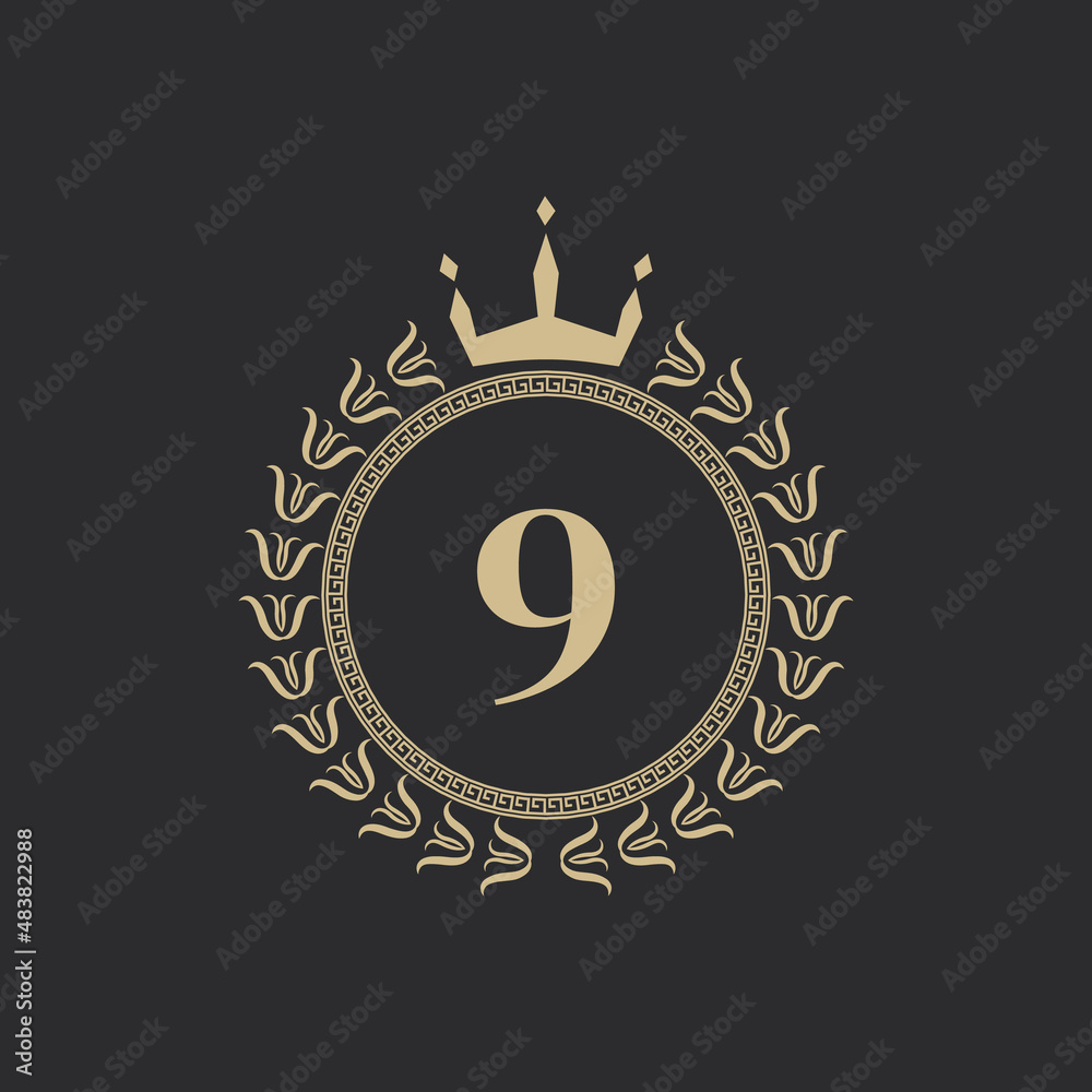 Naklejka premium Number 9 Heraldic Royal Frame with Crown and Laurel Wreath. Simple Classic Emblem. Round Composition. Graphics Style. Art Elements for Logo Design Vector Illustration