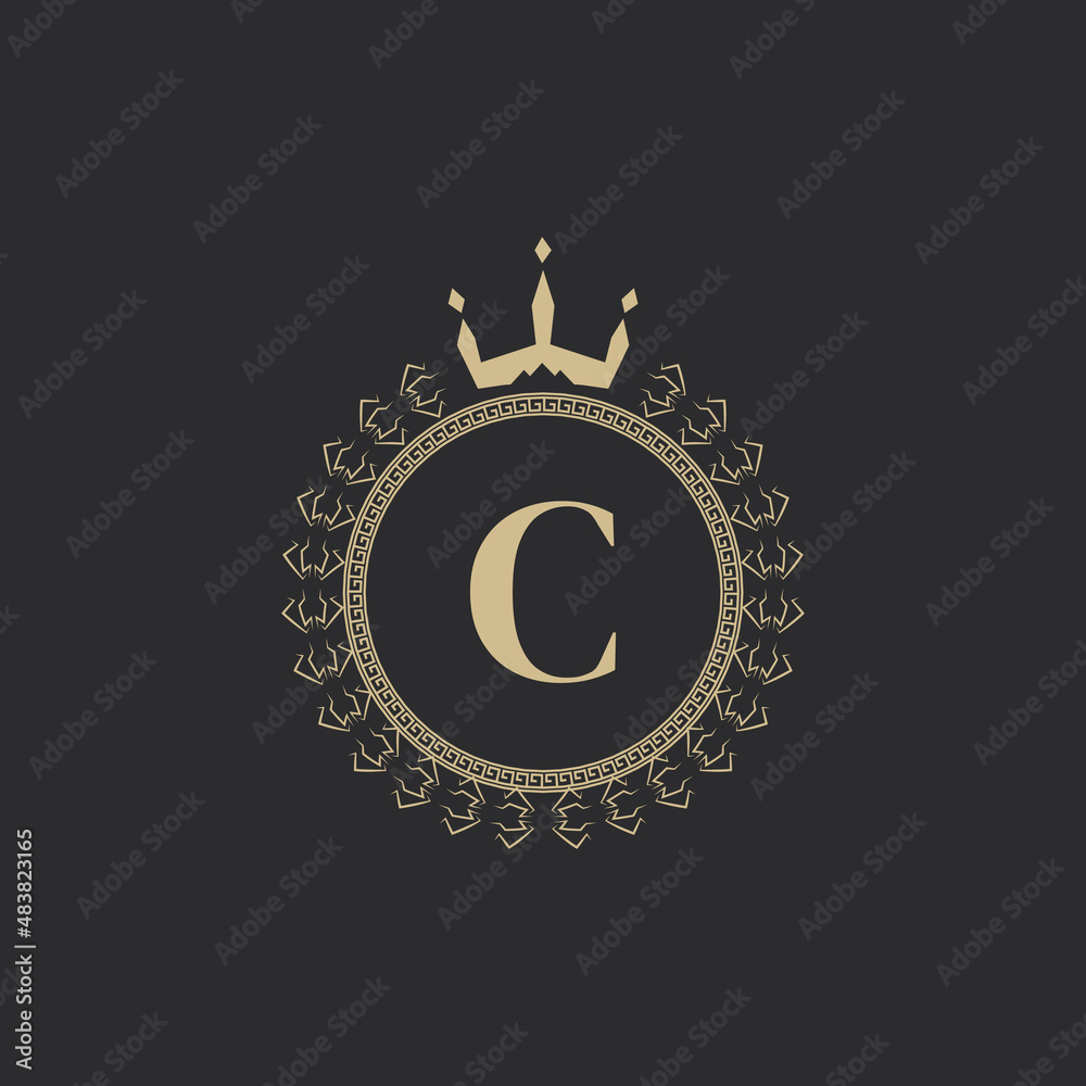 Naklejka premium Initial Letter C Heraldic Royal Frame with Crown and Laurel Wreath. Simple Classic Emblem. Round Composition. Graphics Style. Art Elements for Logo Design Vector Illustration