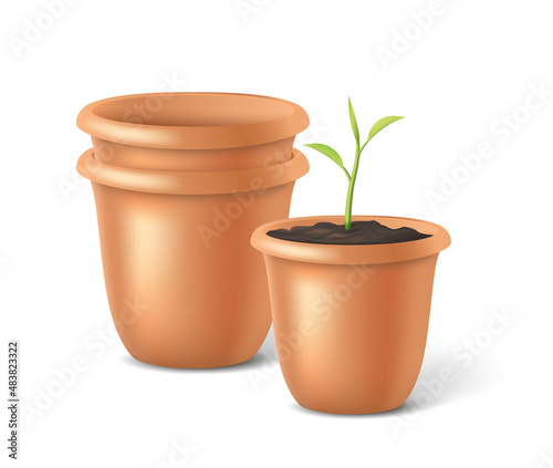 Set of ceramic flower pots for gardening, indoor garden, grow plants on farm. Terracotta flowerpots