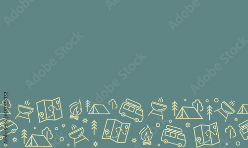 Camping seamless vector pattern. Outdoor recreation, hike horizontal banner with outline icons of campfire, tent, truck, map, barbecue and forest. Design for web page poster, wallpaper, packaging