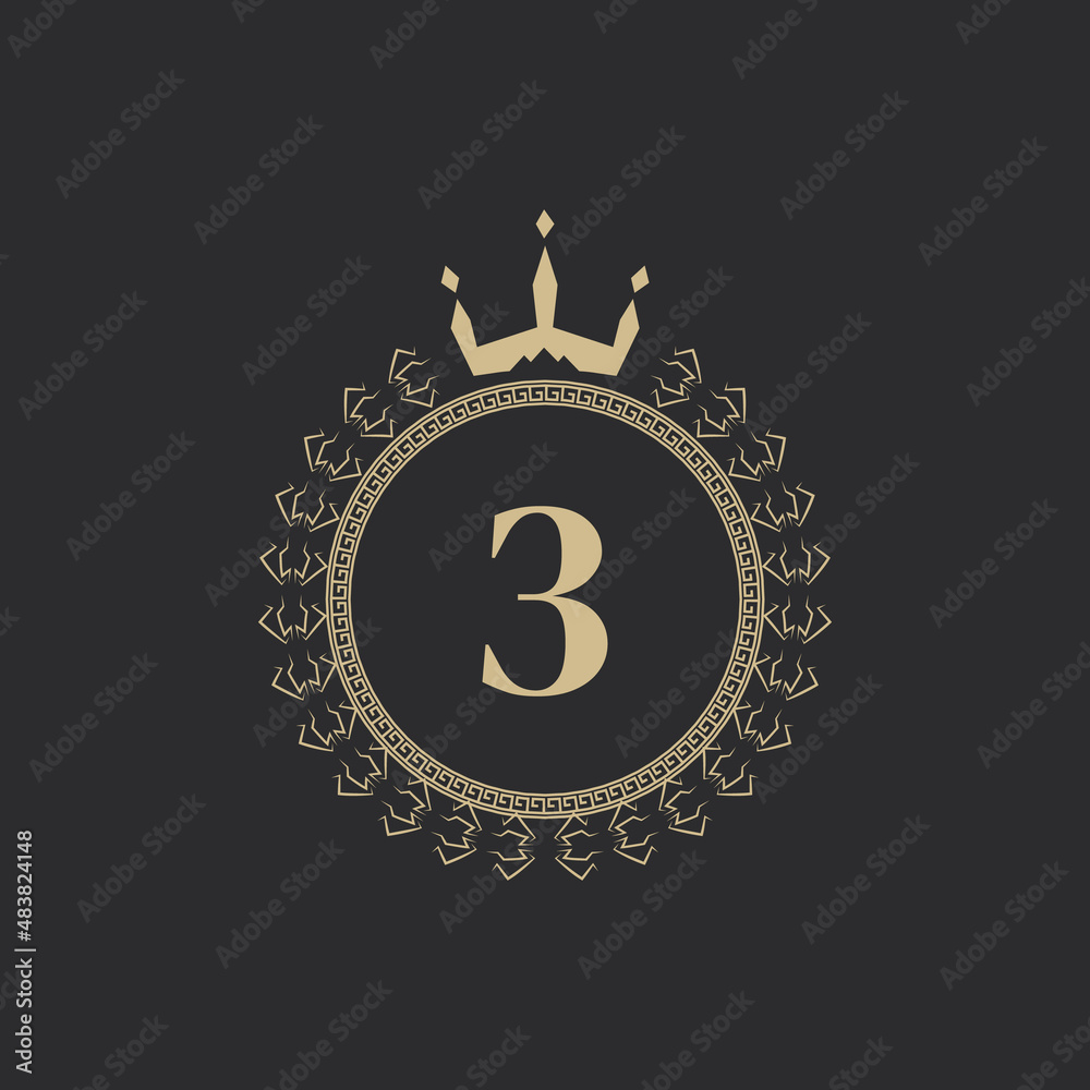Naklejka premium Number 3 Heraldic Royal Frame with Crown and Laurel Wreath. Simple Classic Emblem. Round Composition. Graphics Style. Art Elements for Logo Design Vector Illustration