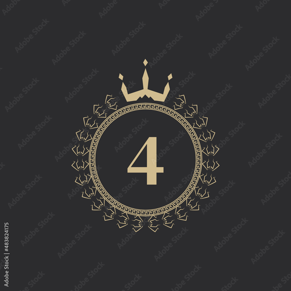 Number 4 Heraldic Royal Frame with Crown and Laurel Wreath. Simple Classic Emblem. Round Composition. Graphics Style. Art Elements for Logo Design Vector Illustration