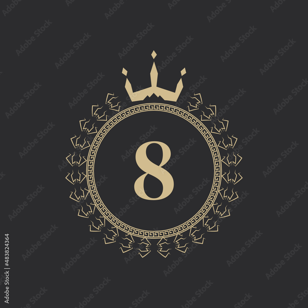 Naklejka premium Number 8 Heraldic Royal Frame with Crown and Laurel Wreath. Simple Classic Emblem. Round Composition. Graphics Style. Art Elements for Logo Design Vector Illustration