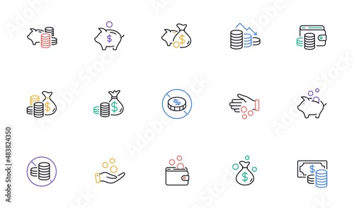 Coins line icons. Cash money, Donation coins, Give tips icons. Business income, Piggy bank, Loan. Money savings, give coin, cash tips. Investment profit, financial crisis. Vector