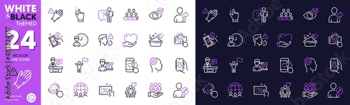 Engineering, Global business and Refer friend line icons for website, printing. Collection of Exhibitors, Search employee, Augmented reality icons. Teamwork, Hand washing. Bicolor outline icon. Vector