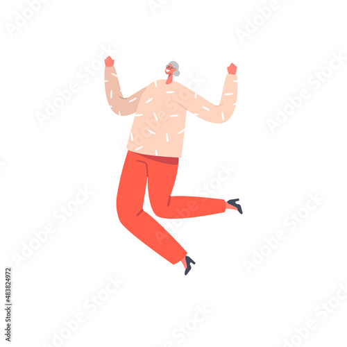 Happy Senior Woman Jumping With Excitement and Raised Hands, Active Female Pensioner Character Feeling Carefree