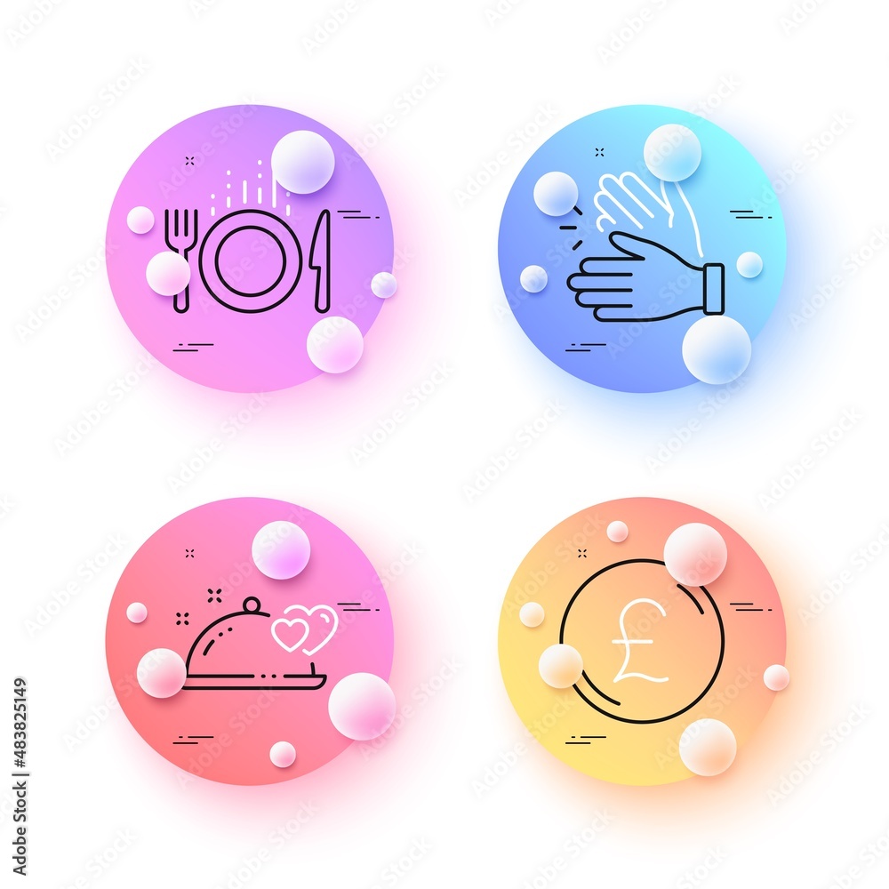 Pound money, Romantic dinner and Food minimal line icons. 3d spheres or balls buttons. Clapping hands icons. For web, application, printing. Currency, Restaurant food, Cutlery. Clap. Vector Pound money, Romantic dinner and Food minimal line icons. 3d spheres or balls buttons. Clapping hands icons. For web, application, printing. Currency, Restaurant food, Cutlery. Clap. Vector