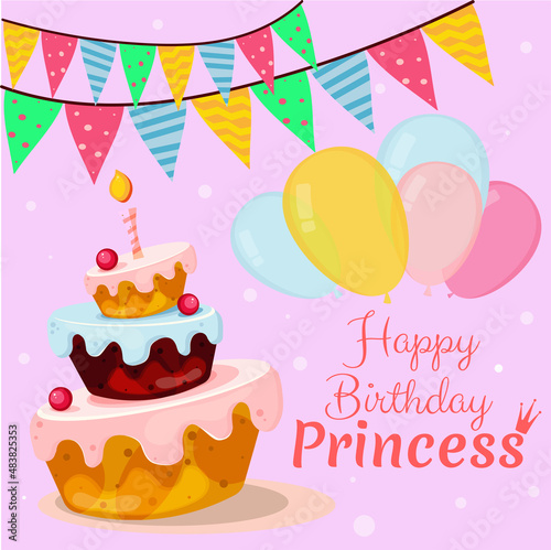 Cute happy birthday card with funny cake and candle  balloons. Vector illustration.
