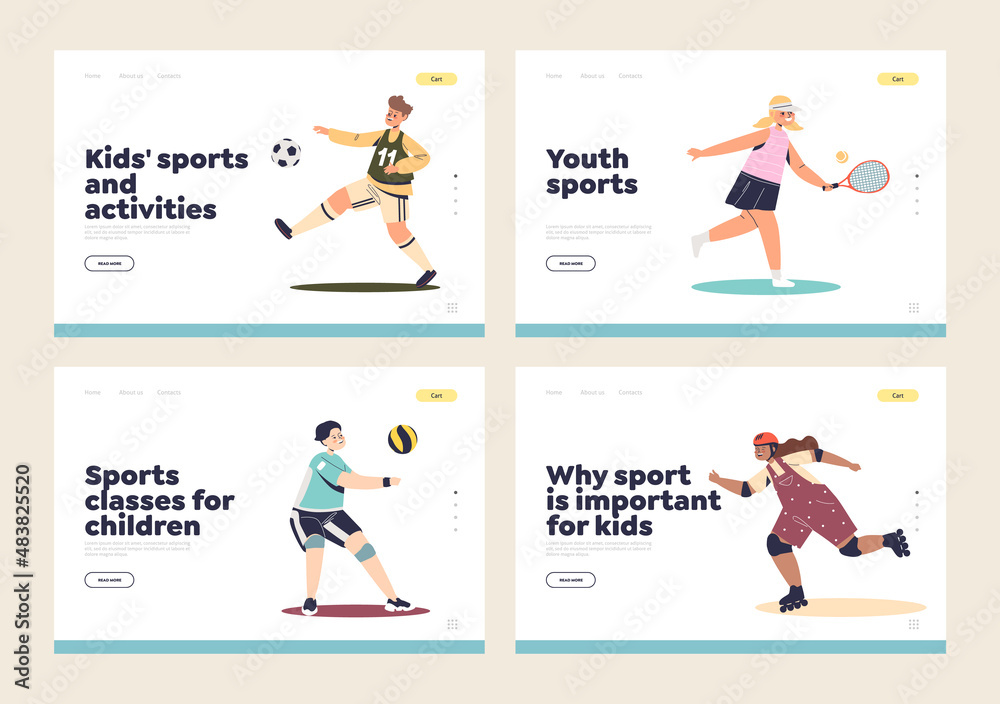 Sport activities for children landing pages set with kids play