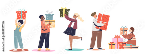 Group of small kids holding gifts. Preschool boy, girl with present boxes for christmas or birthday