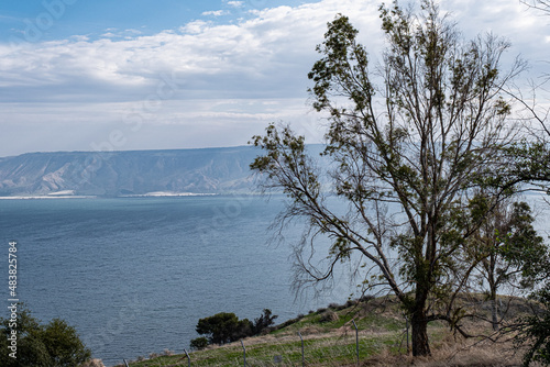 Tableau sur toile View of the Sea of Galilee, its eastern coast, and the Golan Heights as seen from Poriya Youth Hostel, located high above the lake, Eastern Galilee, Israel