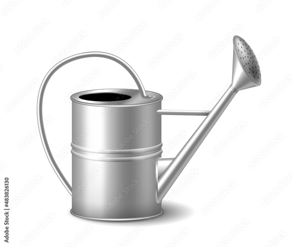 Realistic metal watering can for work in garden. Gardening and farming tool icon