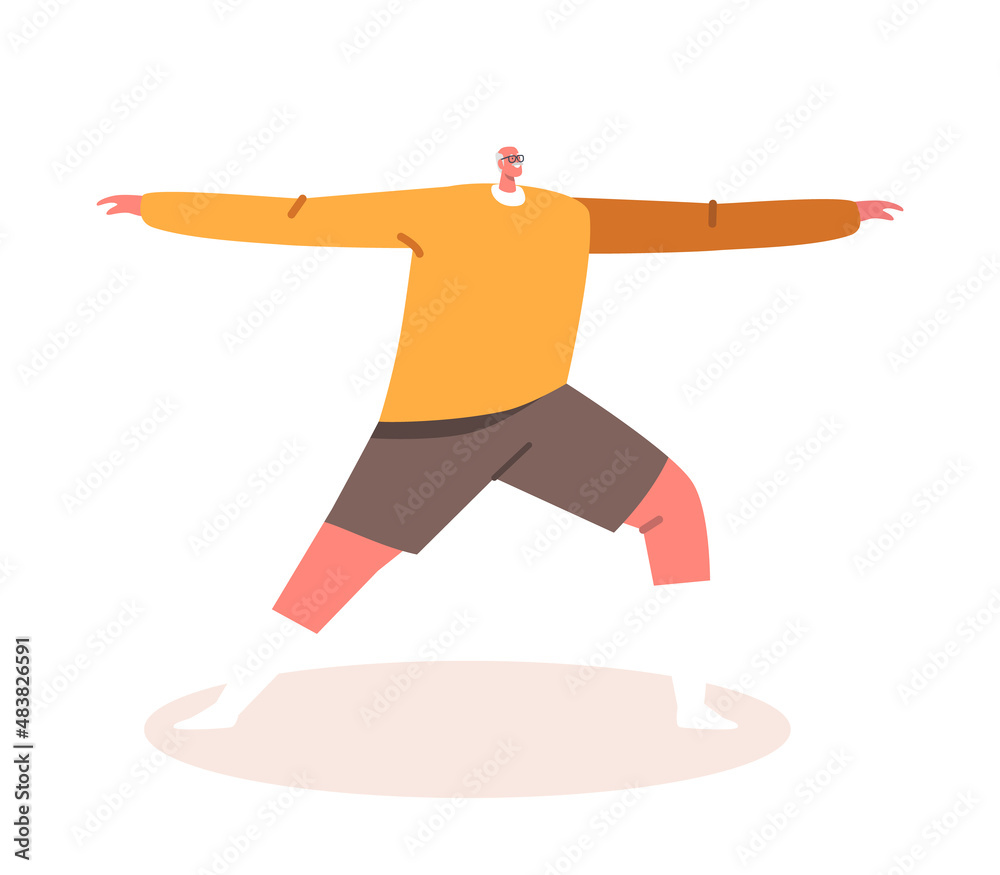 Elderly Male Character Doing Yoga Exercises. Senior man Fitness, Sport and Healthy Lifestyle, Grandfather Workout Class