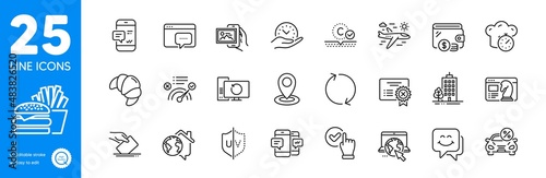 Outline icons set. Smartphone sms, Wallet and Location icons. Correct answer, Image album, Collagen skin web elements. Cooking timer, Checkbox, Skyscraper buildings signs. Smile face. Vector