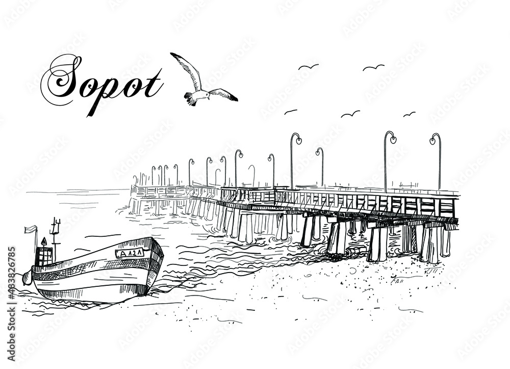 The Sopot molo . Beach and sea and a fishing boat. Vector drawing, sketch. Postcard, souvenir. - obrazy, fototapety, plakaty 