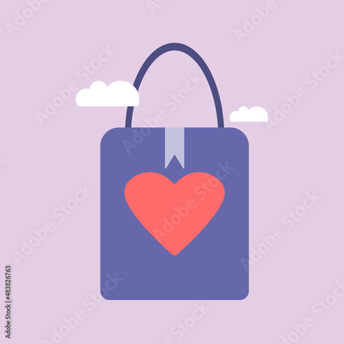Shopping bag. Fashion handbag with handle. Vector Icon with red heart. Realistic Elements for romantic design. Very peri
