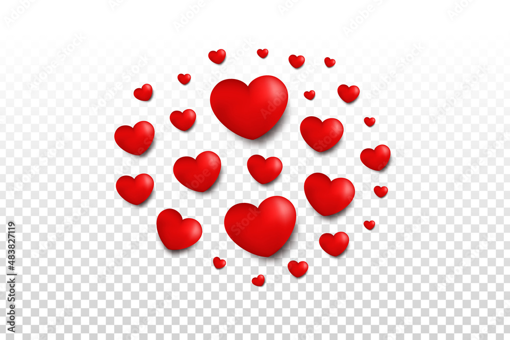Vector realistic isolated red hearts on the transparent background. Concept of Valentine's Day.